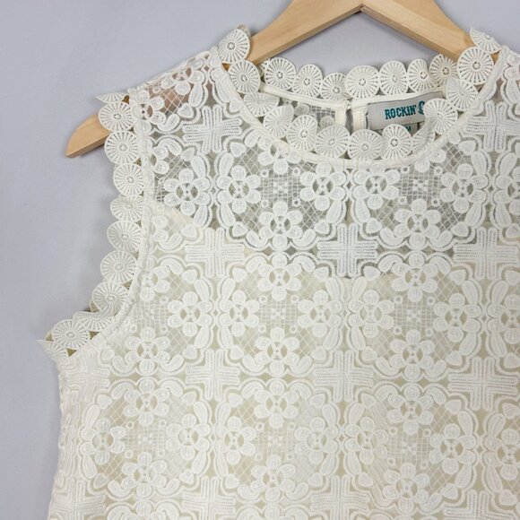 Rockin' C Ivory Embroidered Lace Top Boho Cottagecore Size Medium Women's - Picture 2 of 4